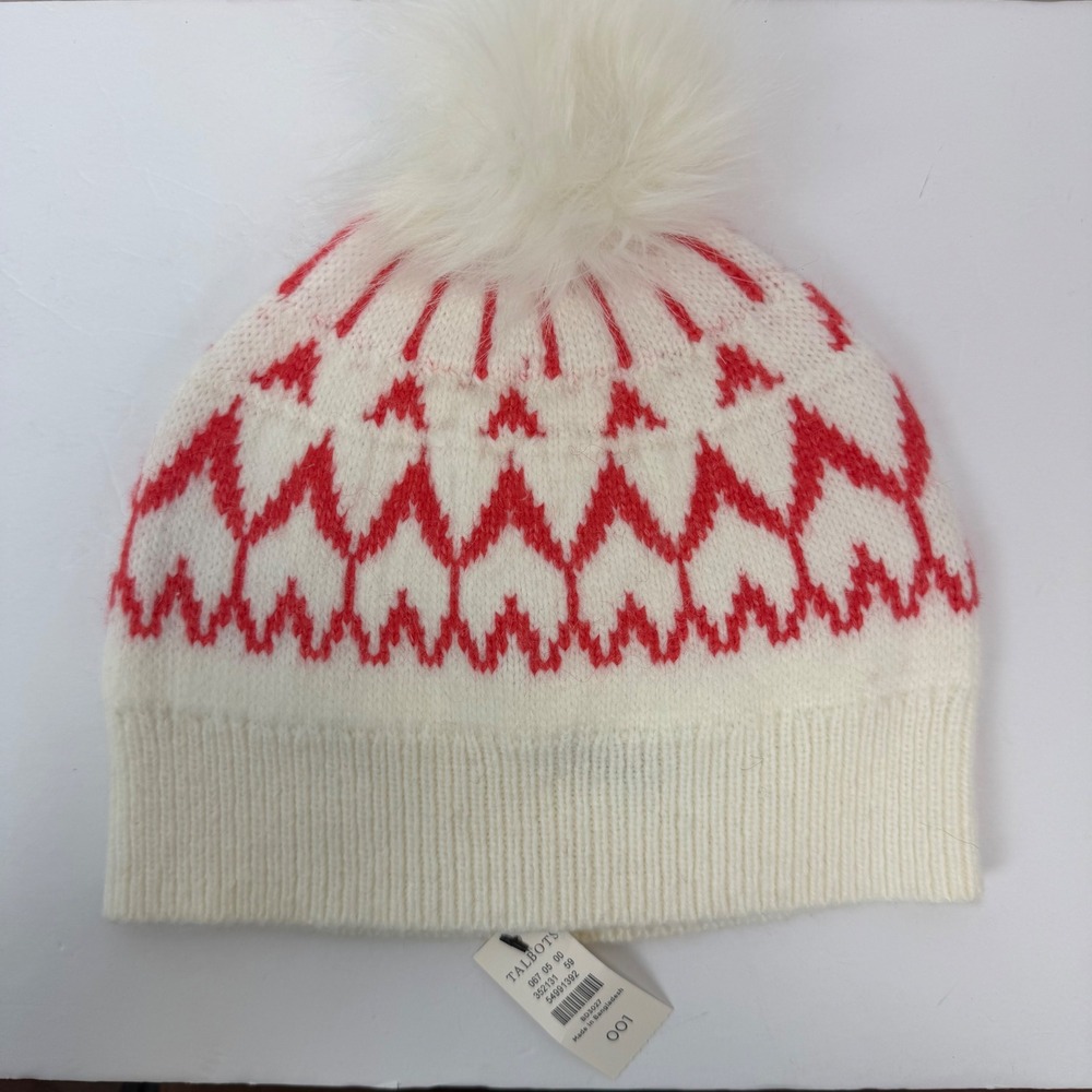 Talbots Womens Red White Fair Isle Knit Beanie Faux Fur Pom Pom Hat BD3027 NEW